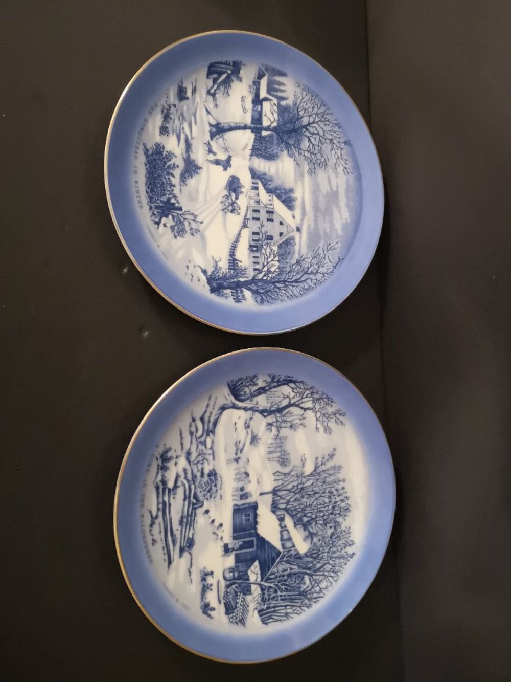 Vintage Currier & Ives 8.5" Round Set of 2 Winter Scene Plates Blue/White Japan